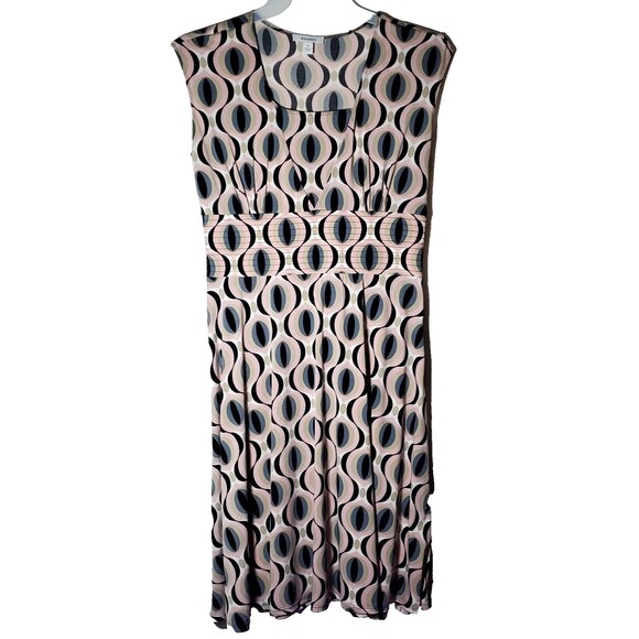 Retro Mod Geometric Print Midi Dress Sleeveless Pleated Waist Medium size 10 - Picture 2 of 12